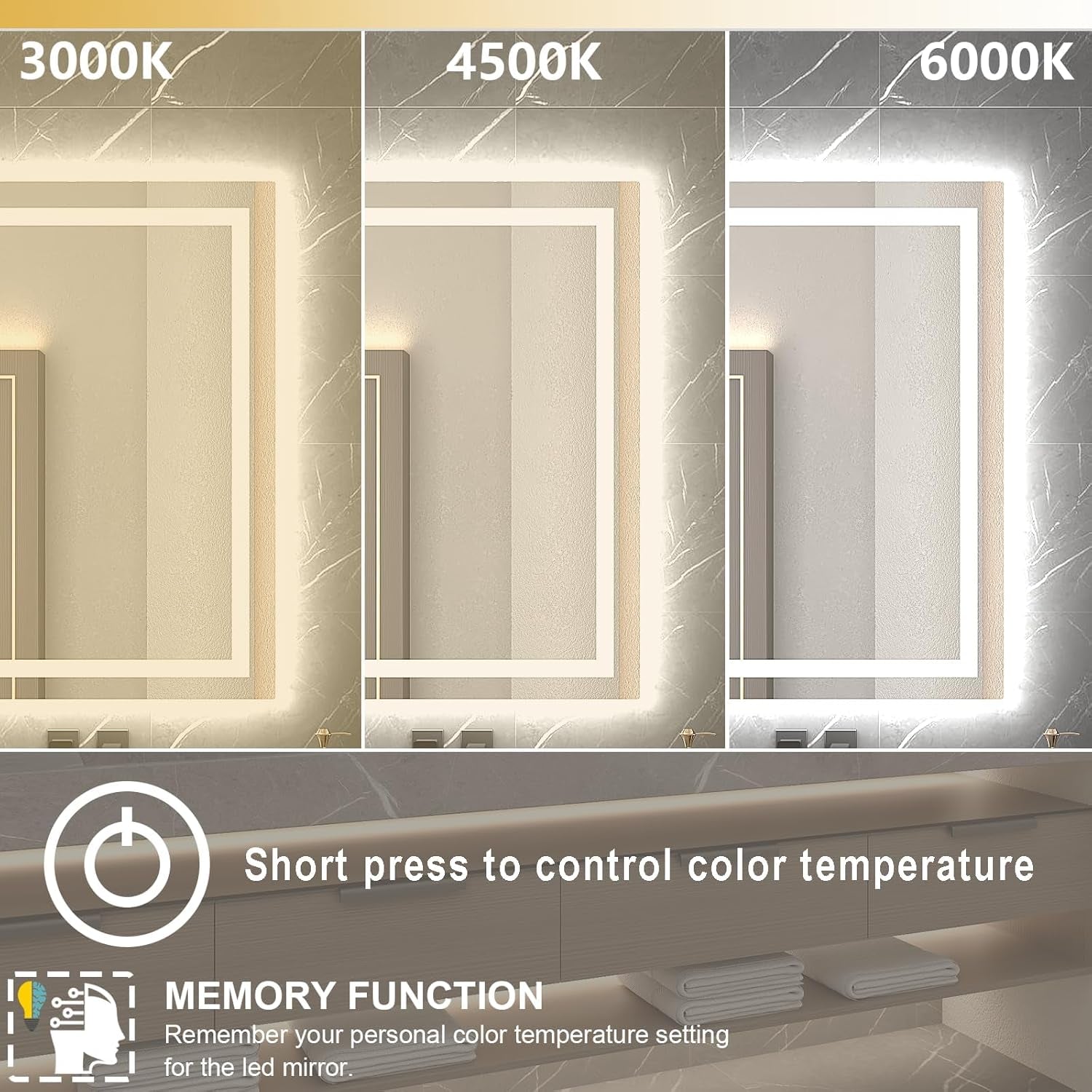 Dimmable 55X36 LED Bathroom Mirror with Anti-Fog, 3 Light Modes, Memory Function