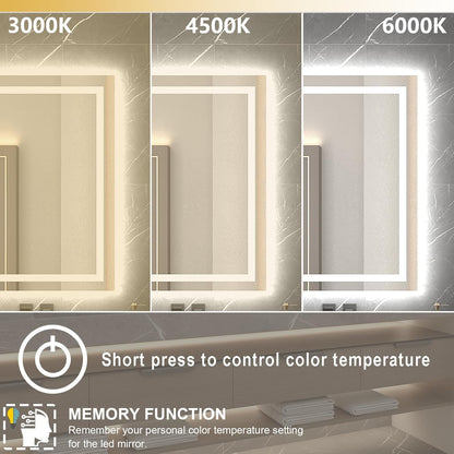 Dimmable 55X36 LED Bathroom Mirror with Anti-Fog, 3 Light Modes, Memory Function