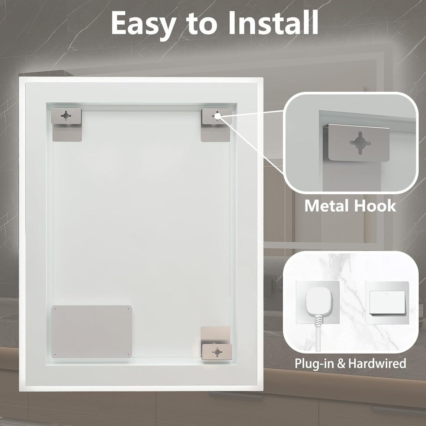 Dimmable 55X36 LED Bathroom Mirror with Anti-Fog, 3 Light Modes, Memory Function