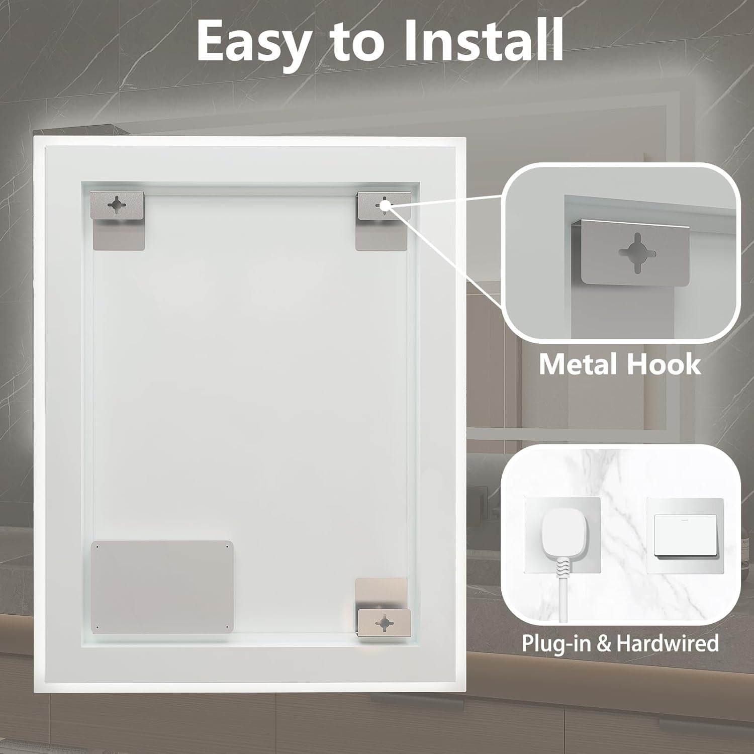 Dimmable 55X36 LED Bathroom Mirror with Anti-Fog, 3 Light Modes, Memory Function